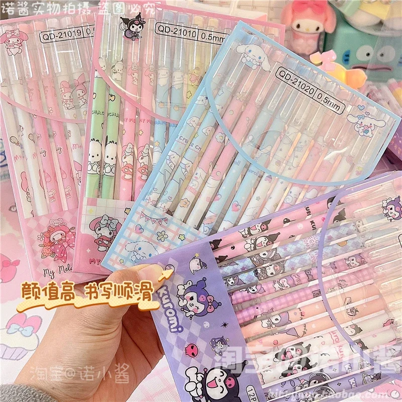 12 sztuk Sanrios Kawaii Kuromi moja melodia Cinnamoroll czarny 0.5Mm zapakowane długopis żelowy Anime Cartoon Cute Student pisanie długopis prezent urodzinowy