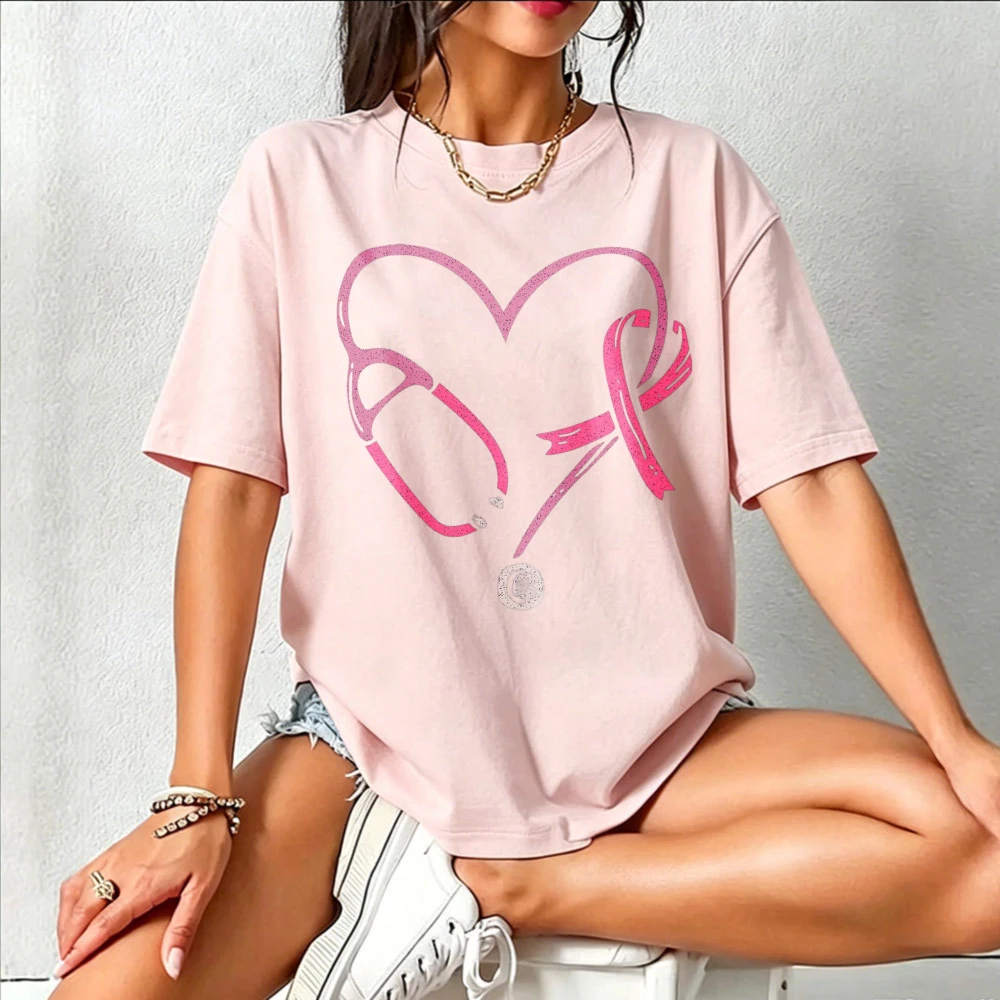 Breast Cancer Awareness Graphic T‑Shirt Pink Heart Stethoscope Pink Ribbon Medical Nurse Warrior Inspirational Art Cotton Tees