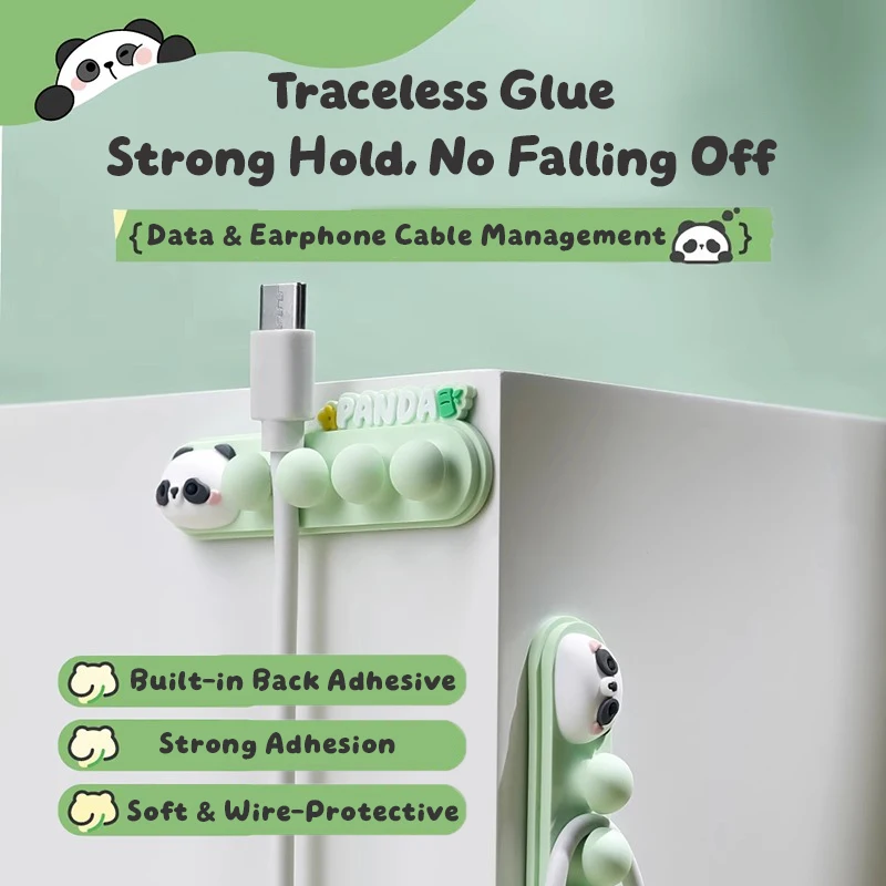Organizer na kable w kształcie pandy z kreskówki: Samoprzylepny organizer na kable do ładowania telefonu.