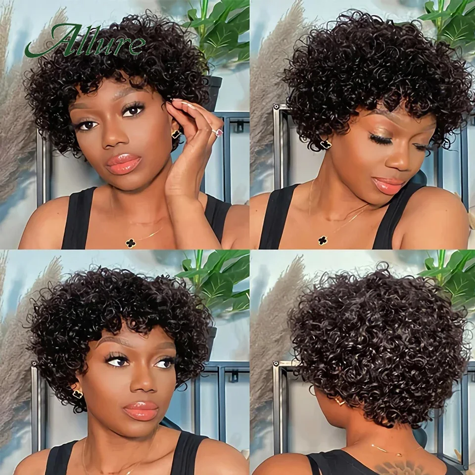 Short Pixie Afro Kinky Curly Wigs for Black Women Glueless Natural Brown Bob Wig With Bangs Jerry Curly Human Hair Wigs Allure