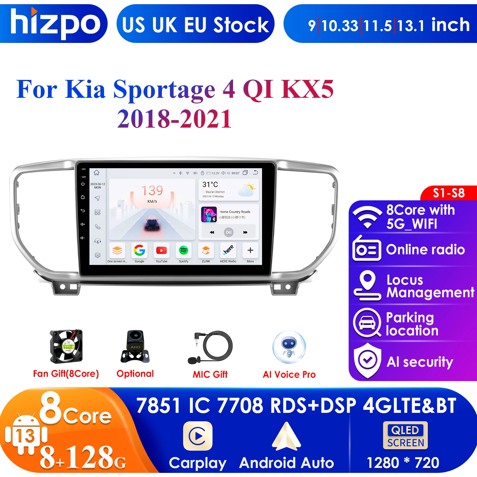 9'' 7862 Intelligent Screen 2din Android 13 Car Radio Multimedia Video Player for Kia Sportage 4 2018-2021 QI KX5 GPS Carplay 4G