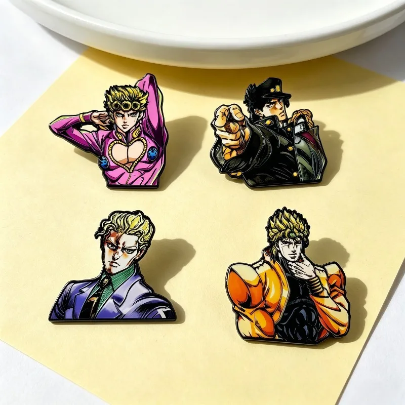 4pcs JoJo Enamel Brooch Set Anime Lapel Pins Jotaro Kujo Giorno Kira Dio Metal Badge For Backpack Clothes Decor Props Fans Gift