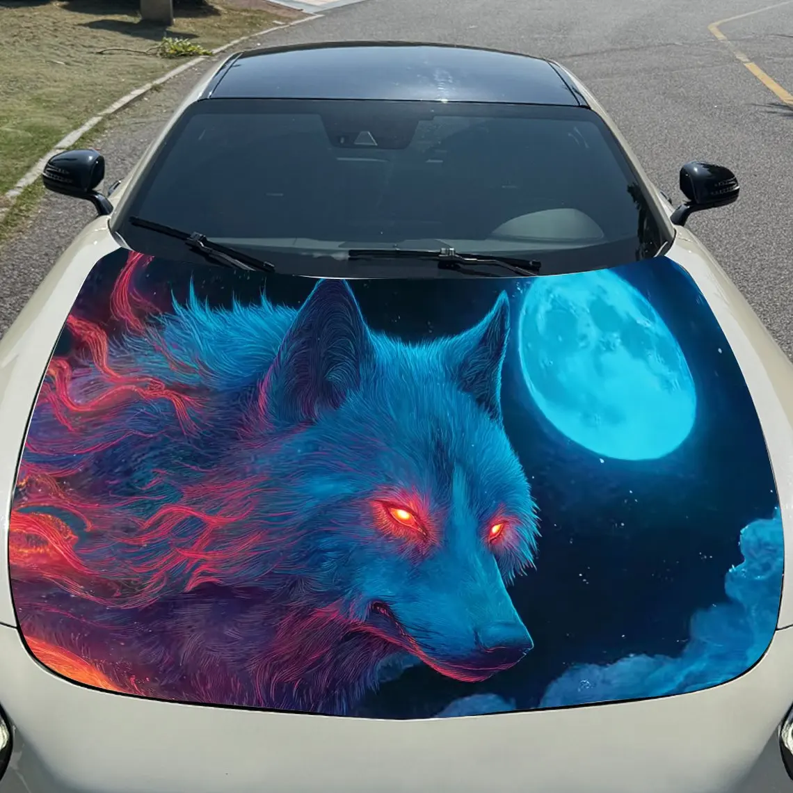 ملصق غطاء السيارة بتصميم Blue Night Moon Wolf ملفوف من الفينيل الملون المقاوم للماء للشاحنات ورسومات بونيه المزخرفة وإمكانية الوصول التلقائي