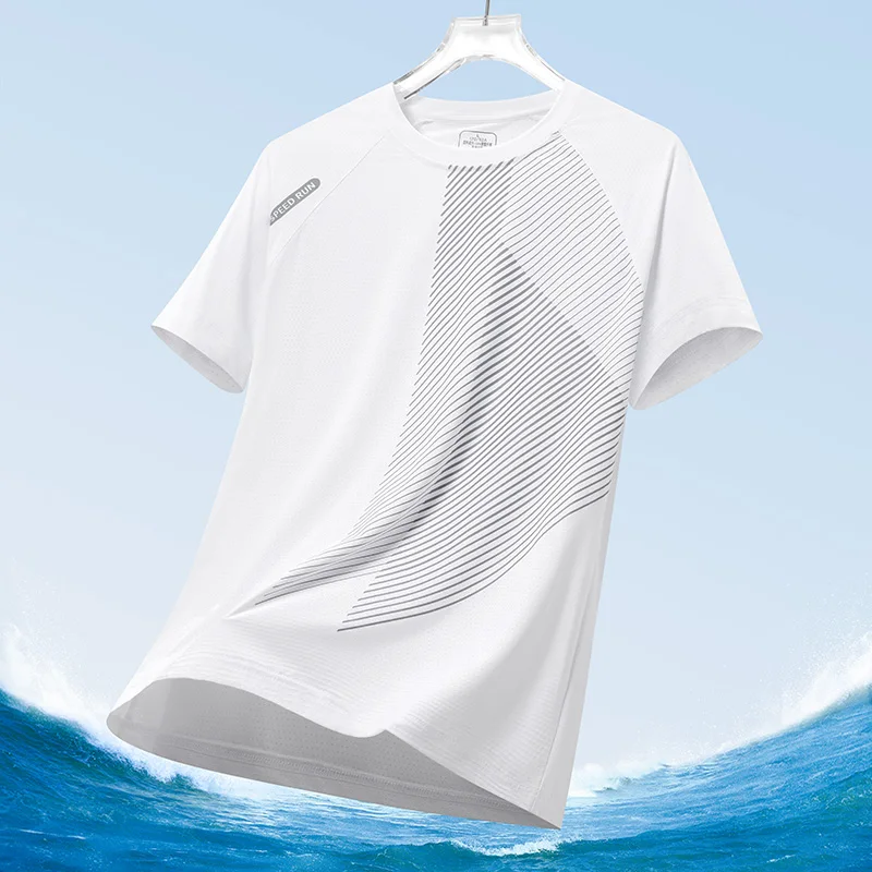 2024 Summer Casual T-Shirt Outdoor Ice Silk Sports Shirt Street Fashion Base Shirt Print Men's Short Sleeve Round Neck Top