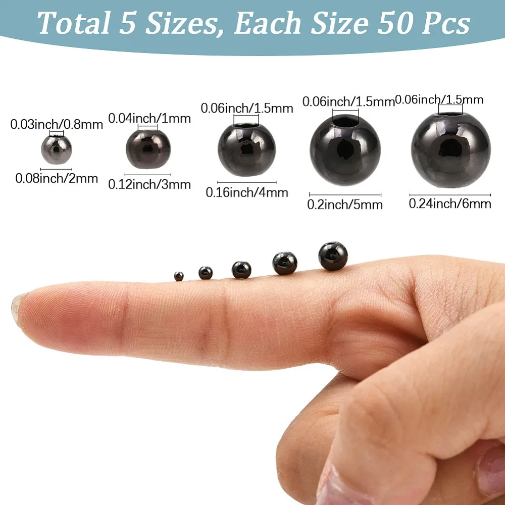250Pcs 5 Styles Rack Plating Brass Spacer Beads Long-Lasting Plated Round Gunmetal 2~6mm Hole: 0.8~1.5mm 50pcs/style