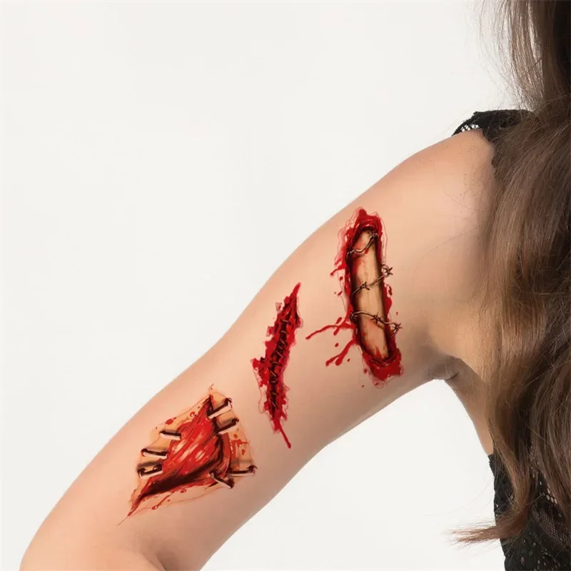 10 Sheets Halloween Terror Wound Temporary Tattoo Waterproof Realistic Blood Tattoos Injury Scar Tattoo Stickers For Face Hands