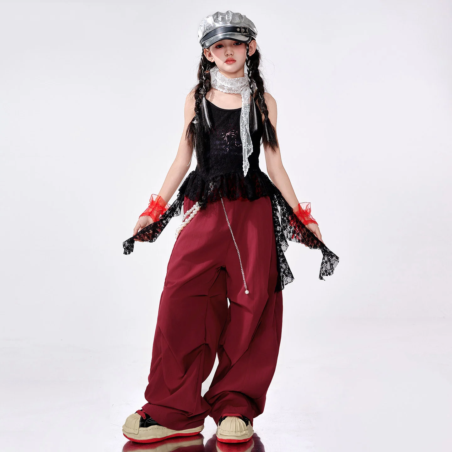 2025 Mädchen Hip Hop Dance Kleidung Schwarz Spitze Tops Kpop Rote Hosen Hip Hop Street Dance Performance Kostüm Bühne Outfits BL 16301