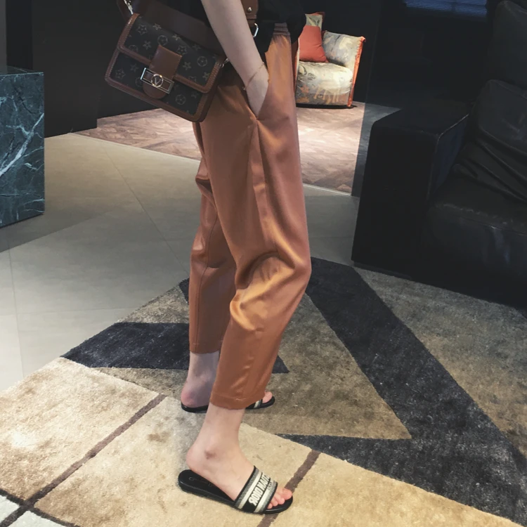 

Осень 2021, женские повседневные зауженные девятисекционные брюки с эластичной резинкой на талии, против морщин, утягивающие ацетатные повседневные брюки, модные