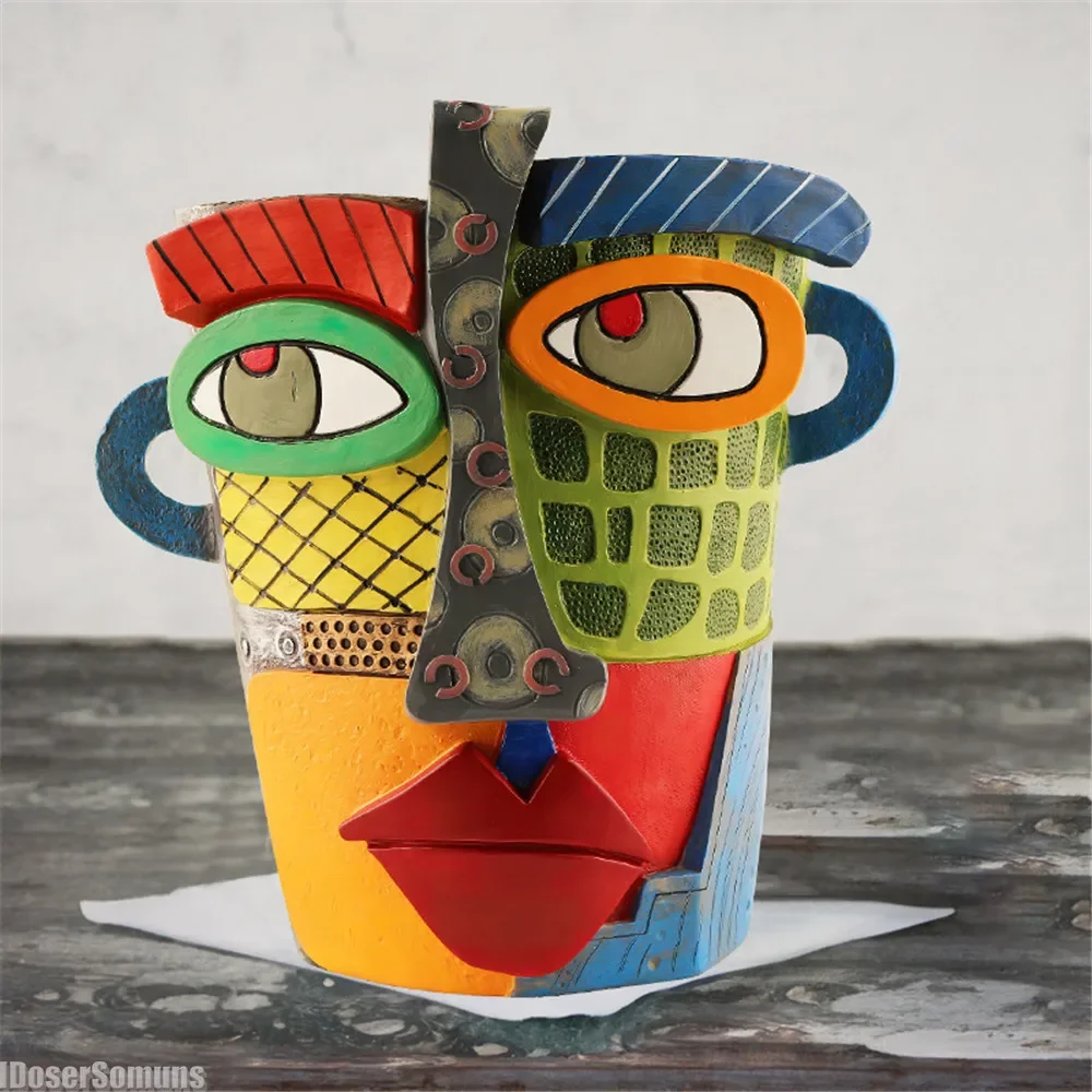 

Nordic Resin Vase for Flowers Art Abstract Face Design Flowerpot with Handles Colorful Art Funny Flower Pots Planter Ornament