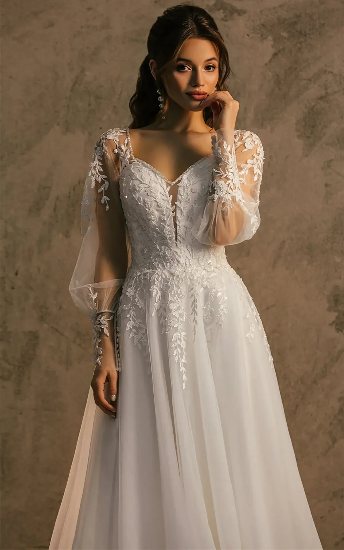 Robe de mariée à manches longues pour femmes, simple, ligne A, sexy, col en V, dos nu, patients, quelles que soient les appliques, balayage, train, sur mesure