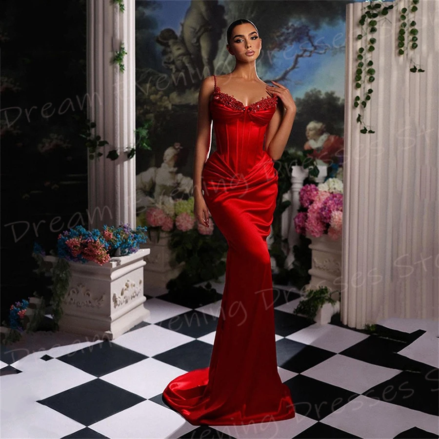 Generous Red Mermaid Fascinating Women\'s Evening Dresses Modern Spaghetti Strap Prom Gowns Sleeveless Pleated Vestido De Noche