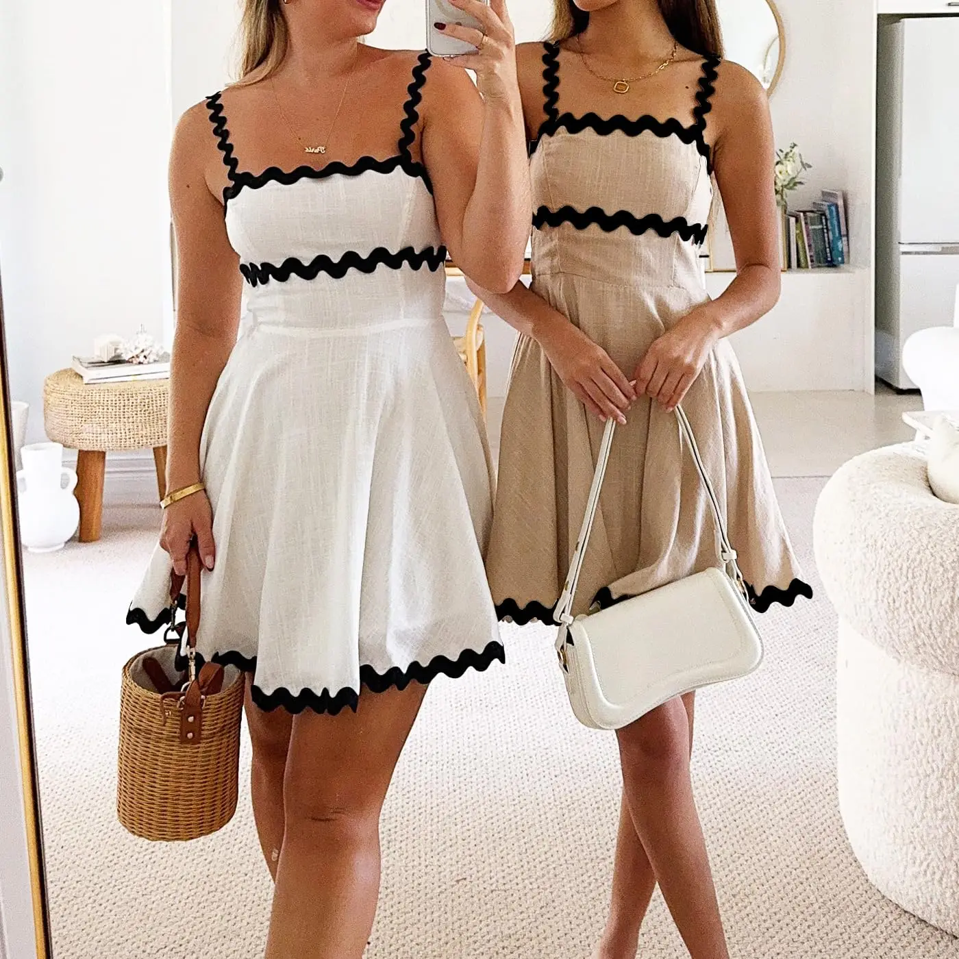 Women Multi‑color Contrast Ric‑Rac Trim Spaghetti Strap Mini Dress Back Zipper A‑Line Lightweight Summer Vacation Outfit
