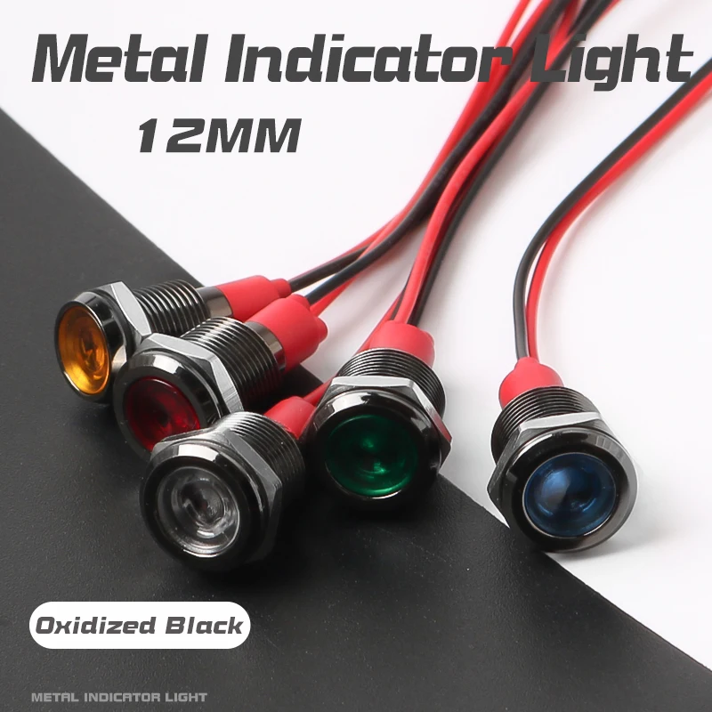 12mm With Wire Waterproof Metal Indicator LED Light Oxidized Black Highlight  Signal Light Pilot Wires Switch 5V12V24V220V