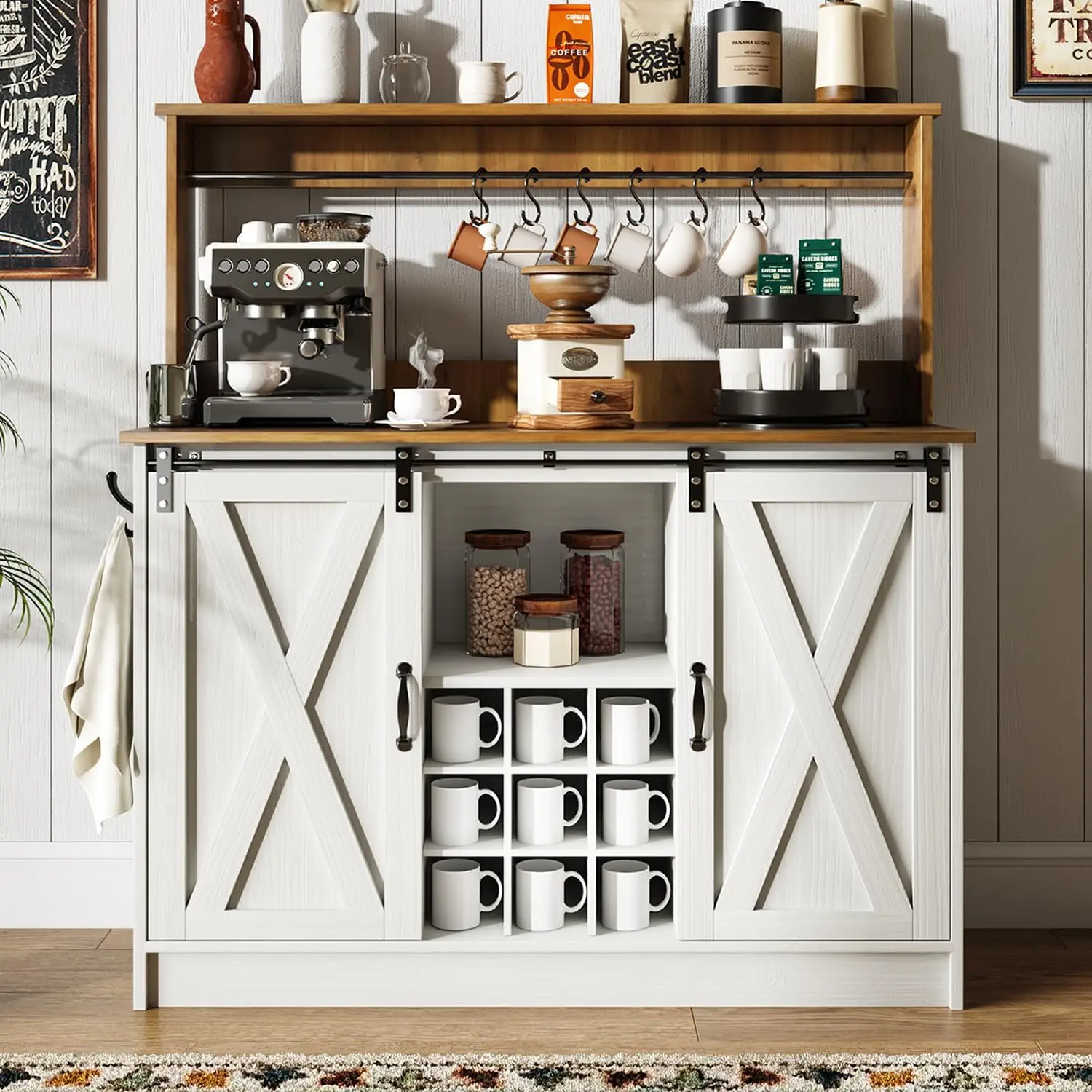 Farmhouse Coffee Bar Cabinet with 6 Hooks, 47'' Kitchen Coffee Bar with Hutch and 9 Wink Racks, White Coffee Bar Table