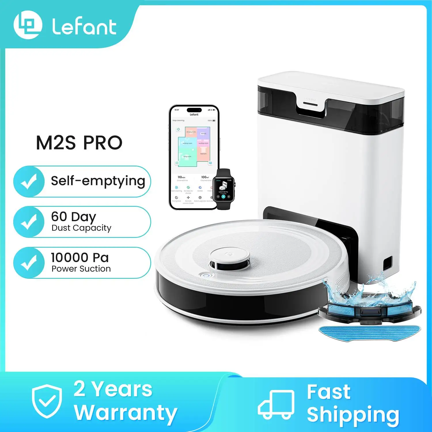Lefant M2S PRO Robotstofzuiger met cartografie, 10000 Pa, automatische stofafvoerstation, lasernavigatie, PSD-obstakelvermijdingstechnologie