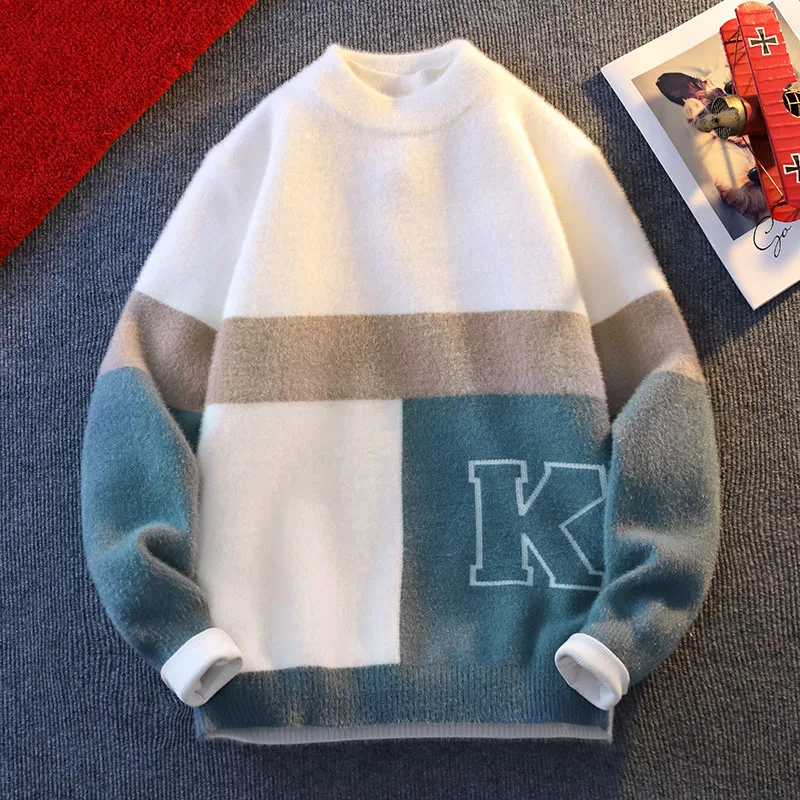 

Men's Designer Original Color Block Fuzzy Knit Sweater Half Mock Neck Pullover Soft Warm Plush Autumn Winter Casual Men's Wear