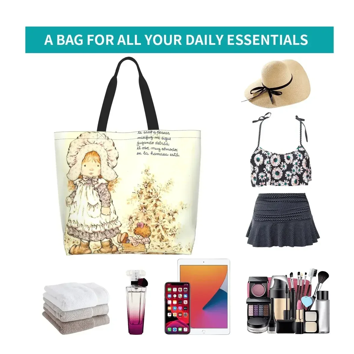 مخصص الكرتون سارة كاي التسوق حقيبة قماش قنب المرأة إعادة تدوير سعة كبيرة البقالة فتاة المتسوق حمل الحقائب #6