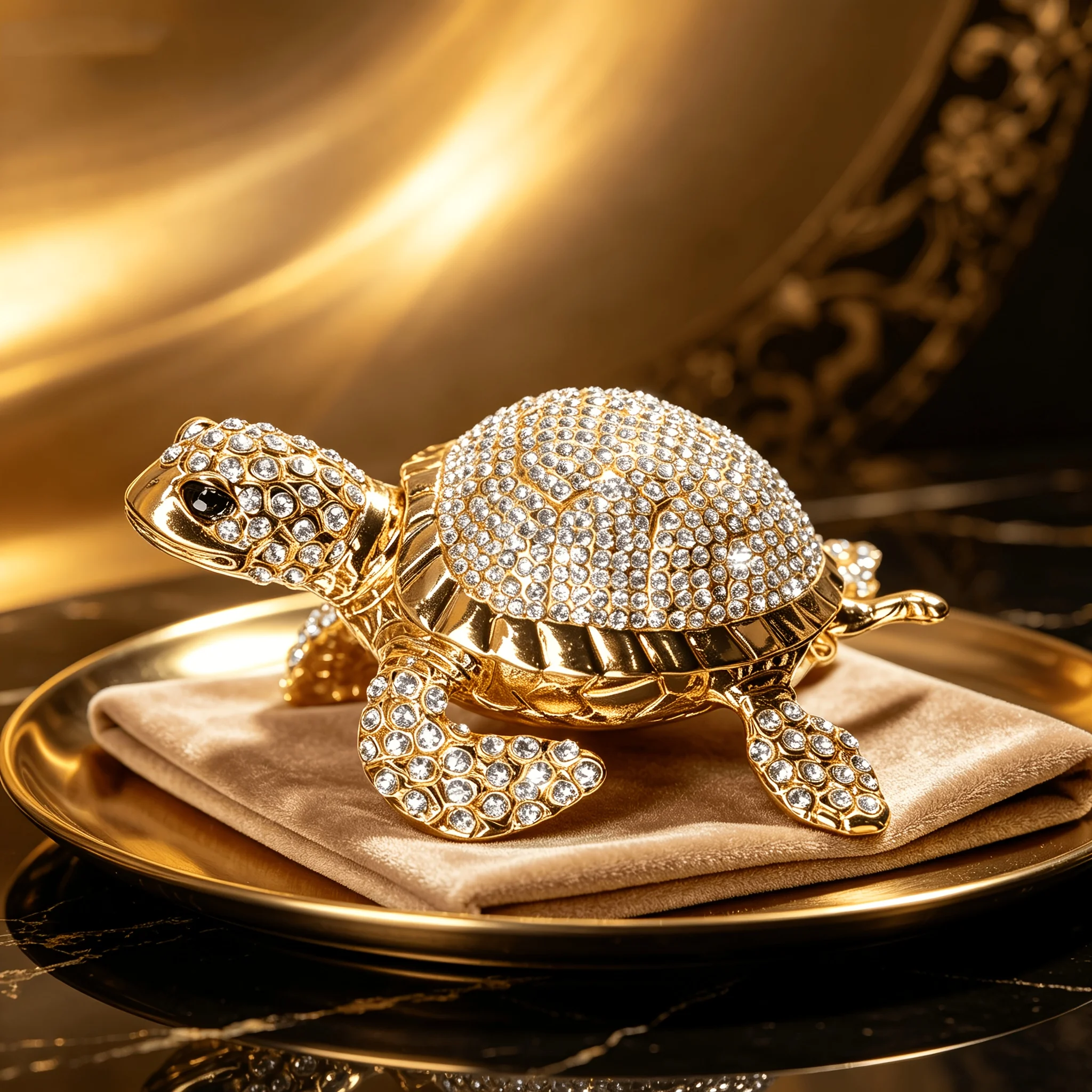 Gold-Plated Crystal Turtle Trinket Box, Sparkling Rhinestone Encrusted Tortoise Jewelry Organizer, Hinged Collectible Figurine,