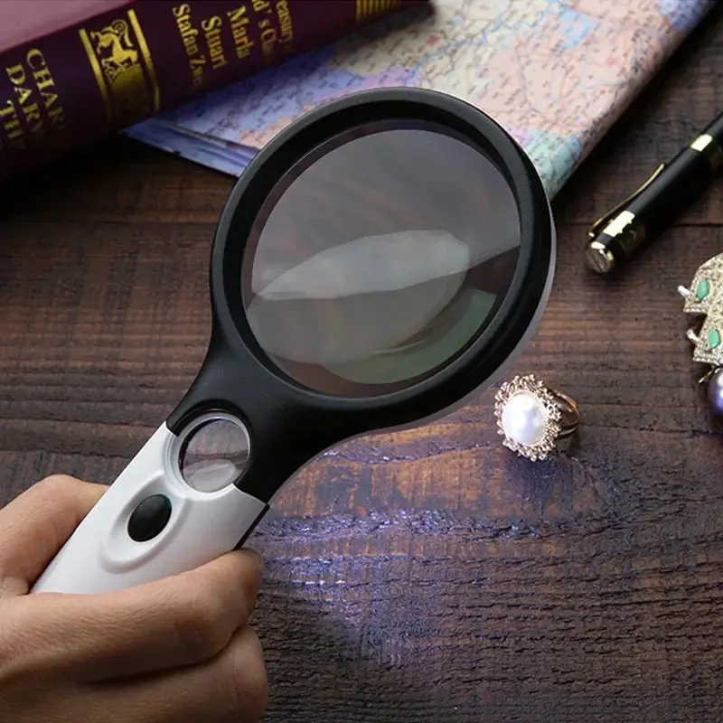 Handheld Double Lens 3x-45x Magnifier 3 Lights For Jewelry Appraisal Reading By Elderly 6902