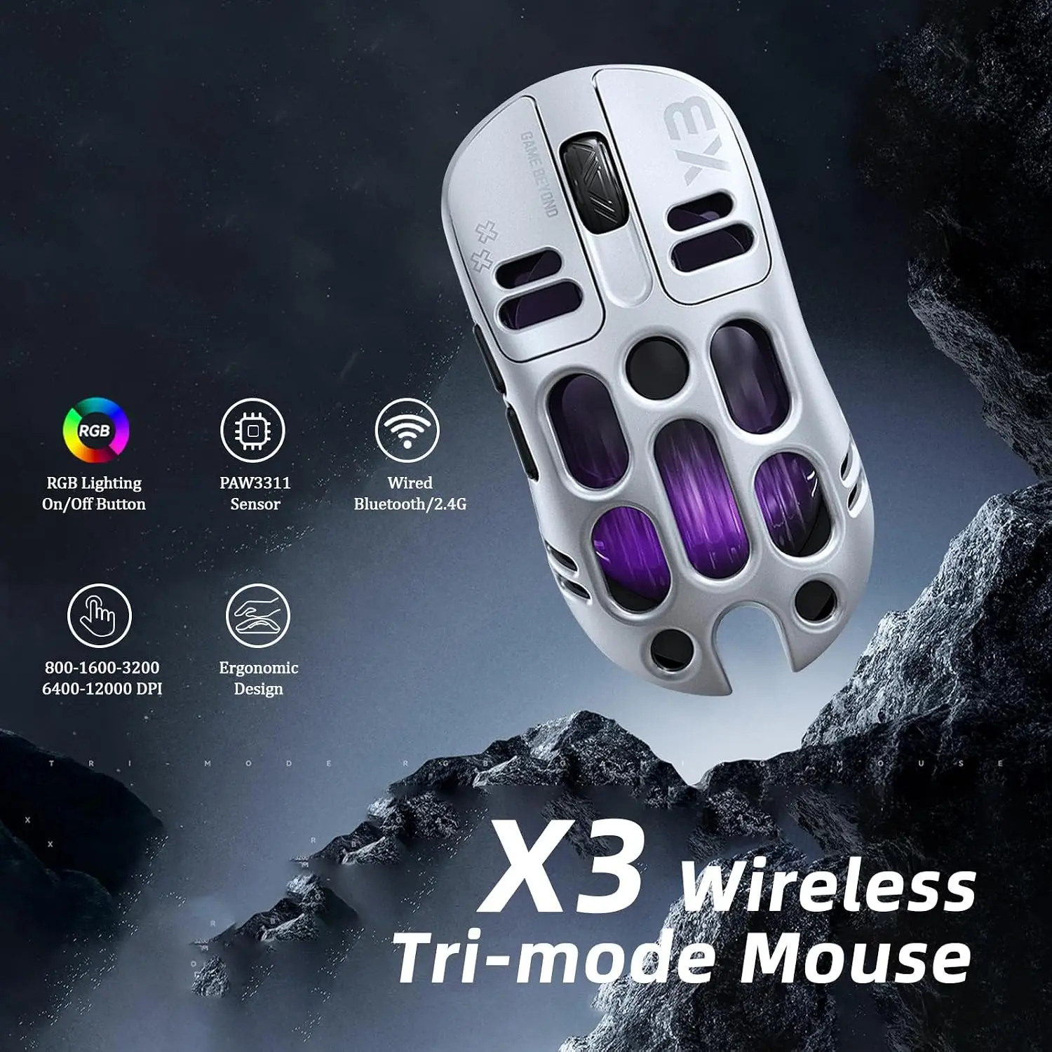 X3 Wireless Gaming Mouse with 70g Lightweight Hollowed Out Design – 12,000 DPI PAW 3311 Sensor, 6 Programmable Buttons