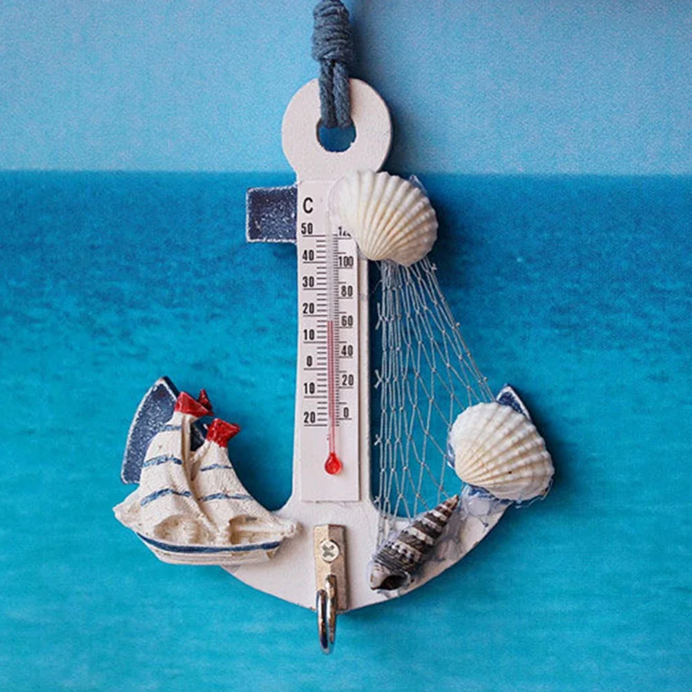 Fashion Wood Anchor Thermometer Crafts Art Wall Hanging Hook Meter Gauge Shell Nautical Decor