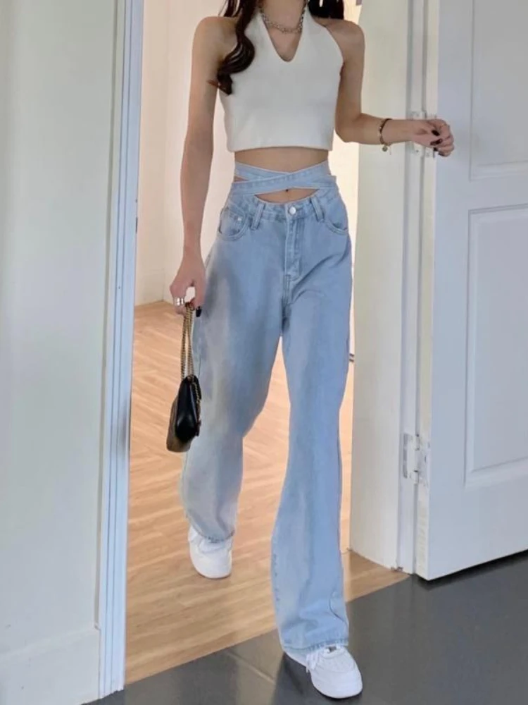 Irabeezt High Waist Jeans Women Casual Straight Wide Leg Pants Strap Design American Loose Trousers High Street 2023 Summer