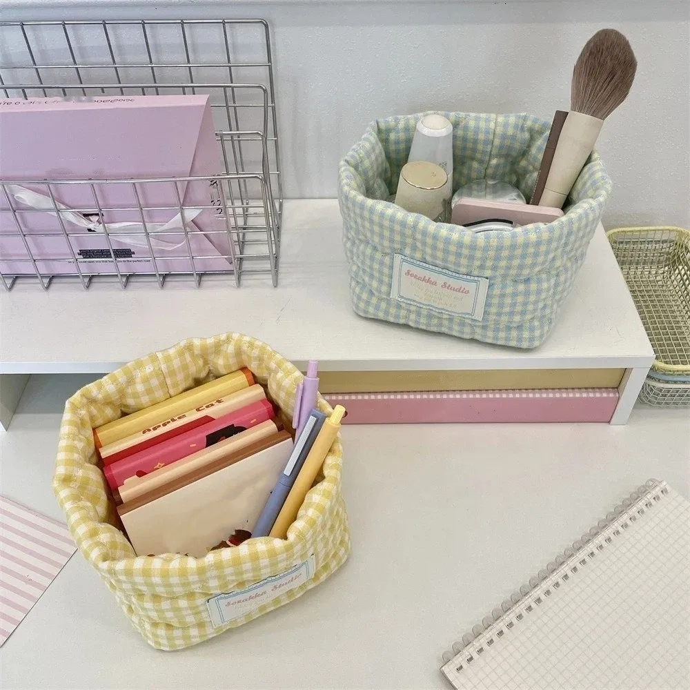 Plaid Stripe Grid Fabric Storage Basket Household Washable Decorative Bins Ins Stackable Miscellaneous Storage Basket