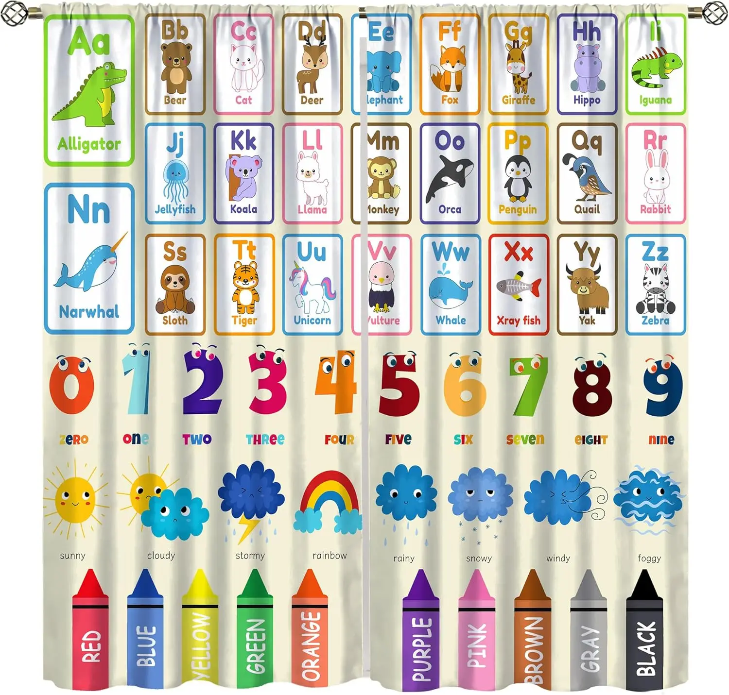 Alphabet Education Curtains, Cartoon Animal Alphanumeric ABC Learning Pencils Blackout Windows Treatments, Thermal Insulation