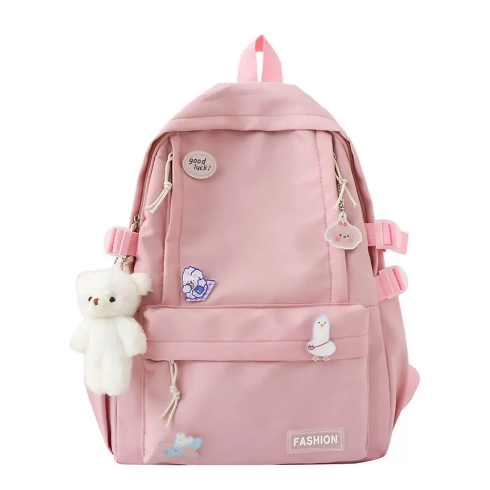 

Fashion Bear Pendant Solid Color Backpack Badge Korean Style Students School Bag Handbag Storage Bag Shoulder Bag Outdoor