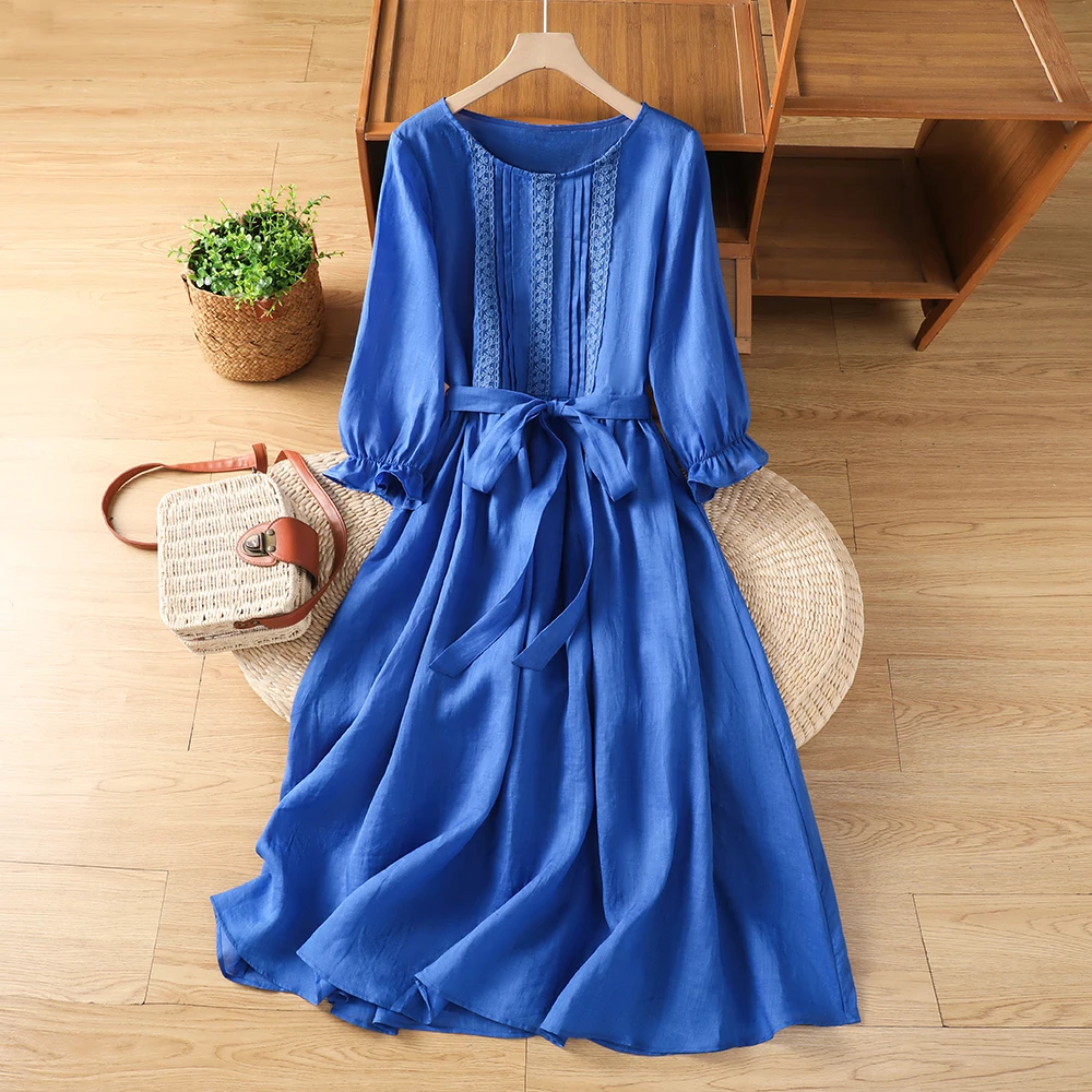 

Summer Blue Women's Dress Lace Trim Long Loose round Neck Maxi Skirt Elegant Polyester Cotton Blend Short Sleeve Midi Dress