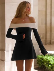 Mozision Off-shoulder Long Sleeve Mini Dress For Women Autumn Winter New Patchwork Strapless Backless A-line Sexy Dress Elegant