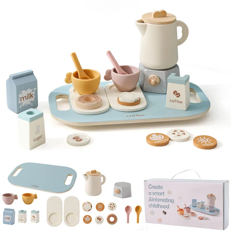 Wooden Montessori Toy Children Coffee Teapot Playing House Set Silicone Teacups Pretend Play Learning Role Early Education Toy