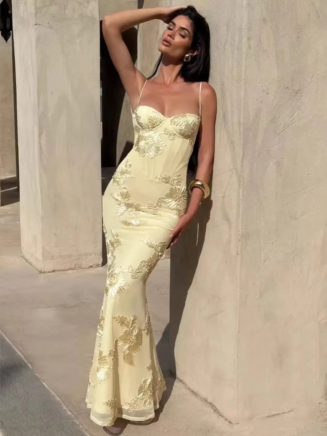 Vestido largo de Jacquard albaricoque Flora Slash Meck para mujer, sin mangas, con tirantes, elegante, Vintage, ceñido al cuerpo, ropa larga elegante para mujer