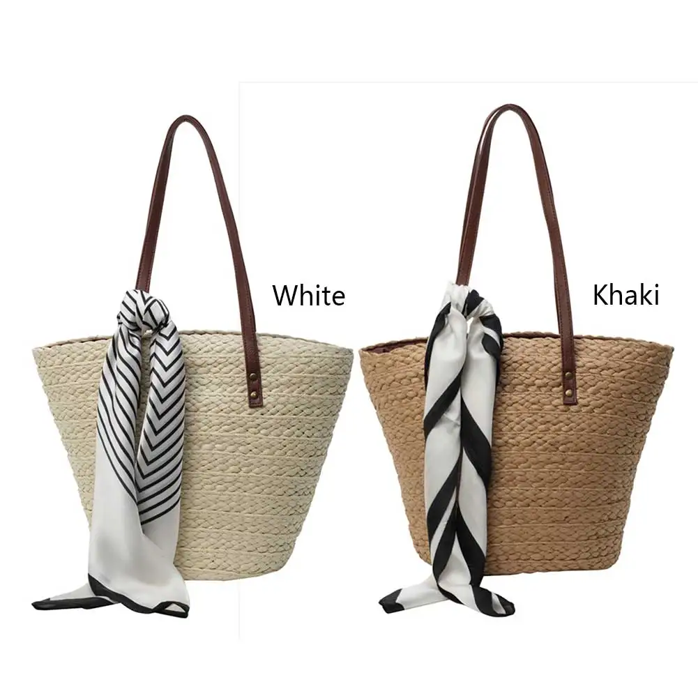 

Women Straw Woven Tote Bag Tote Clutch Bags Large Capacity Beach Vacation Shoulder Bag with Silk Scarf for Travel Shopping