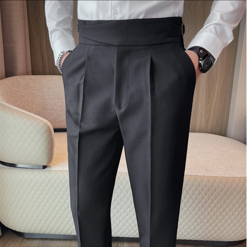 Brand High Waisted Suit Pants for Men Solid Color Casual Business Dress Pants Slim Fit Wedding Party Office Social Trousers