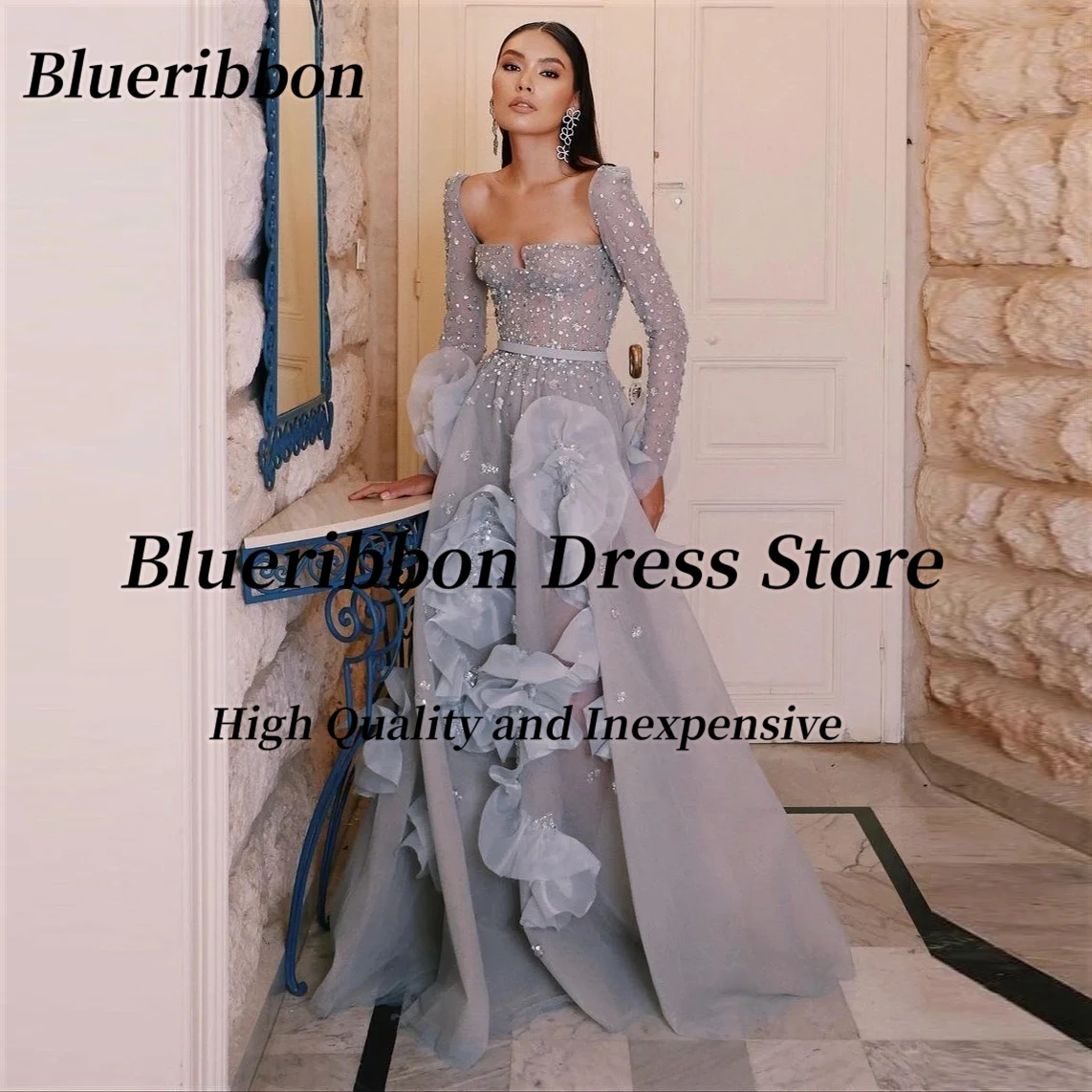 

Blueribbon High-end Customization Dresses Celebrity Women Wear Prom Dress Beaded Sequins Long Sleeves Ruffles Evening Party Gown