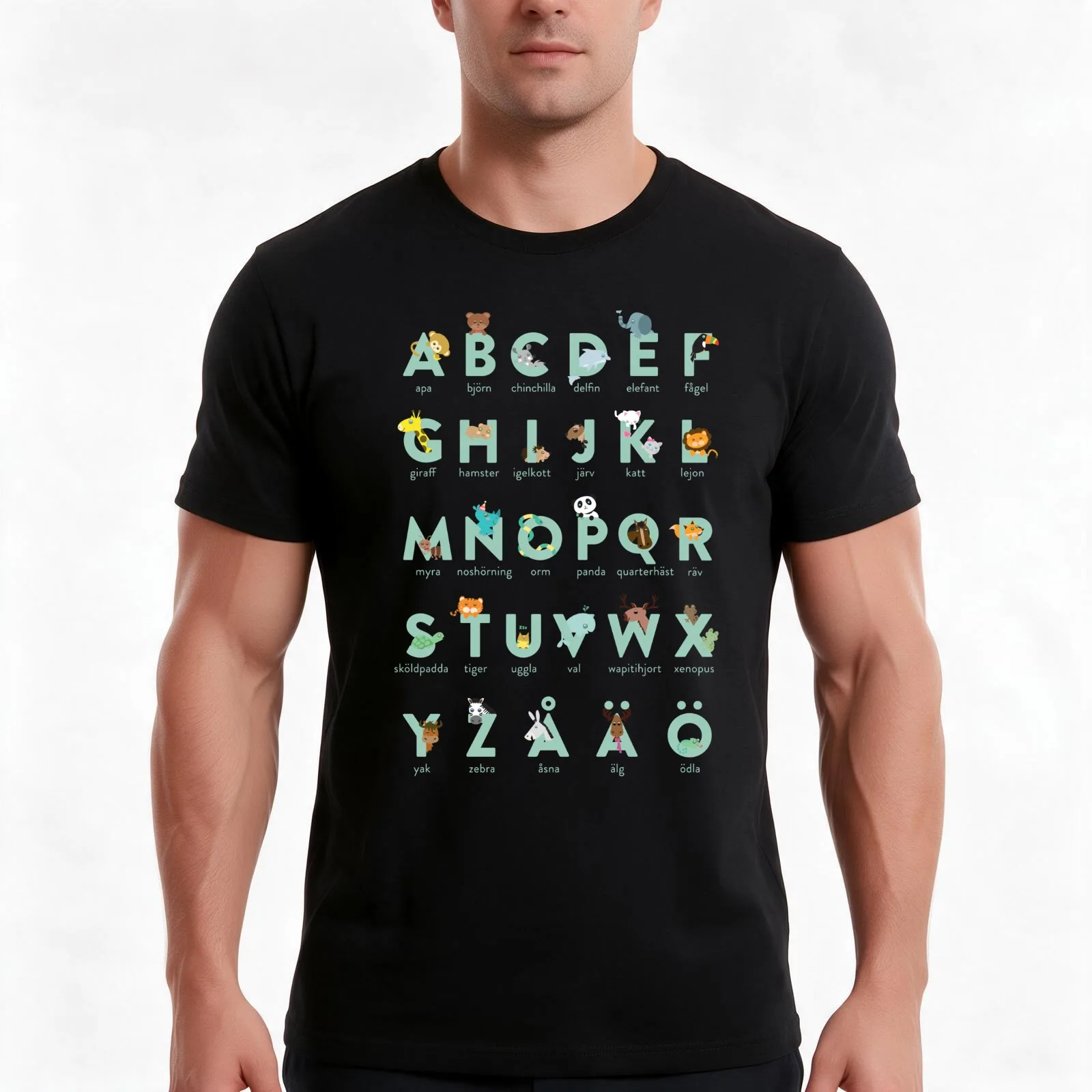 Lilly′s green alfabet - Swedish version T-Shirt, Summer Casual Cotton Tee, Oversized Streetwear Tops, Vintage Graphic Print