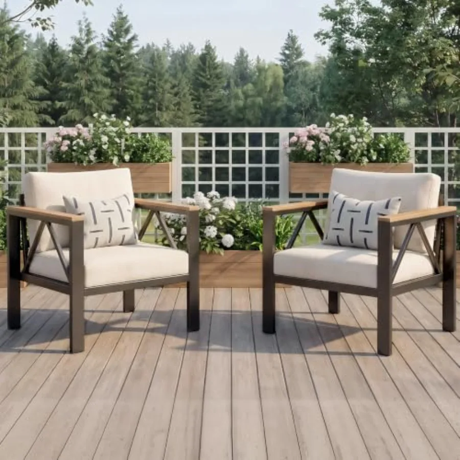 Aluminum Outdoor Patio 2 PCS Armchair Set, Washable Thick Cushions, All-Weather Modern Metal Furniture for Garden, Backyard, Po