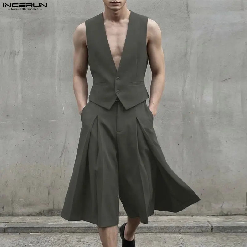

INCERUN Men Marching Sets Solid Color V Neck Sleeveless Vests Wide Leg Shorts 2 Piece Sets Streetwear Fashion Casual Men's Sets