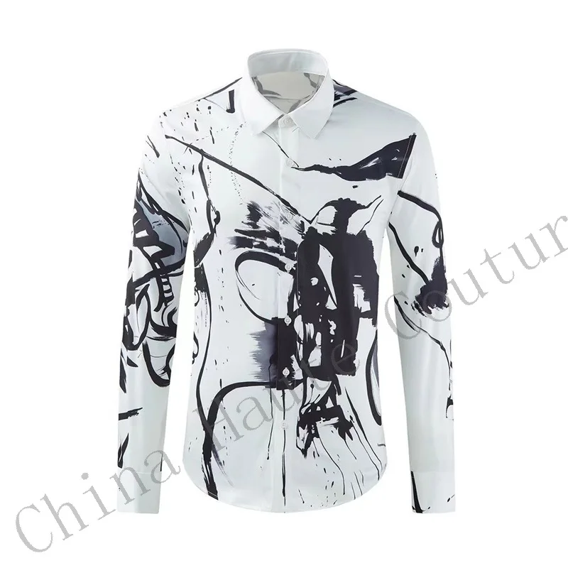 Luxury Letter Printed Shirt Men Long Sleeve Slim Fit Casual Shirt High Quality Banquet Party Tuxedo Social CamisaMasculina 2024