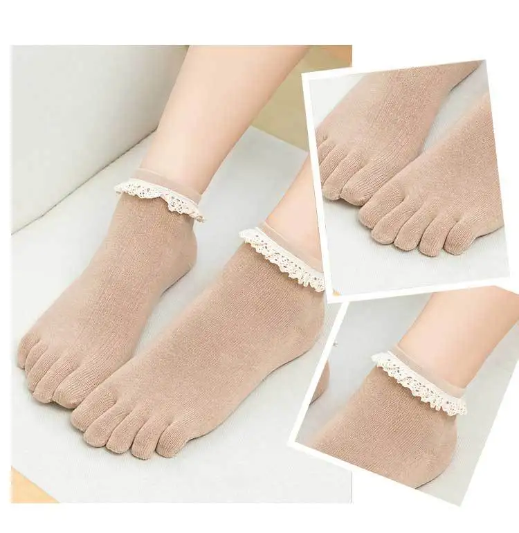 Autumn Winter Sweet Lace Edge Five Finger Socks Women Solid Color Short Ankle Socks Sweat-absorbing Breathable Split Toe Socks