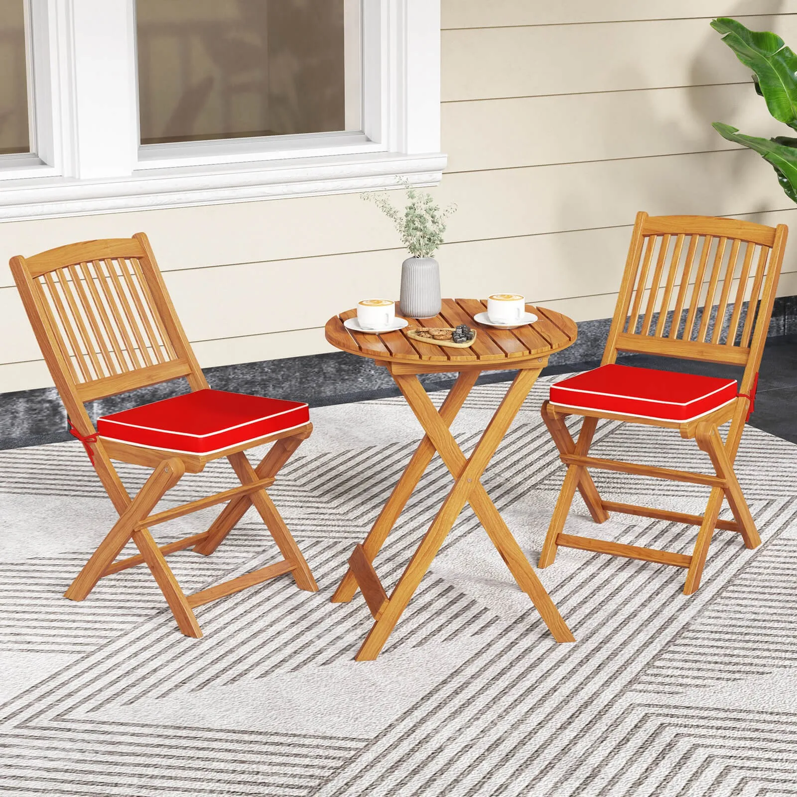

Outdoor Folding Chairs Set of 2 Acacia Wood High-Back Chair w/ Seat Cushions