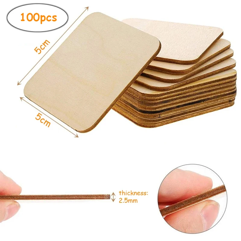 100pcs 5cm Unfinished Blank Wood Square Pieces Slices Wooden Chips Embellishments for DIY Crafts, Home Decoration