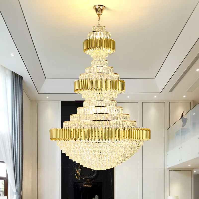 Luxury Crystal Stair Chandelier Lighting Villa Lobby Hotel Large Decoration Hanging Lamps Black/Gold Lighting Modern Led Lamp