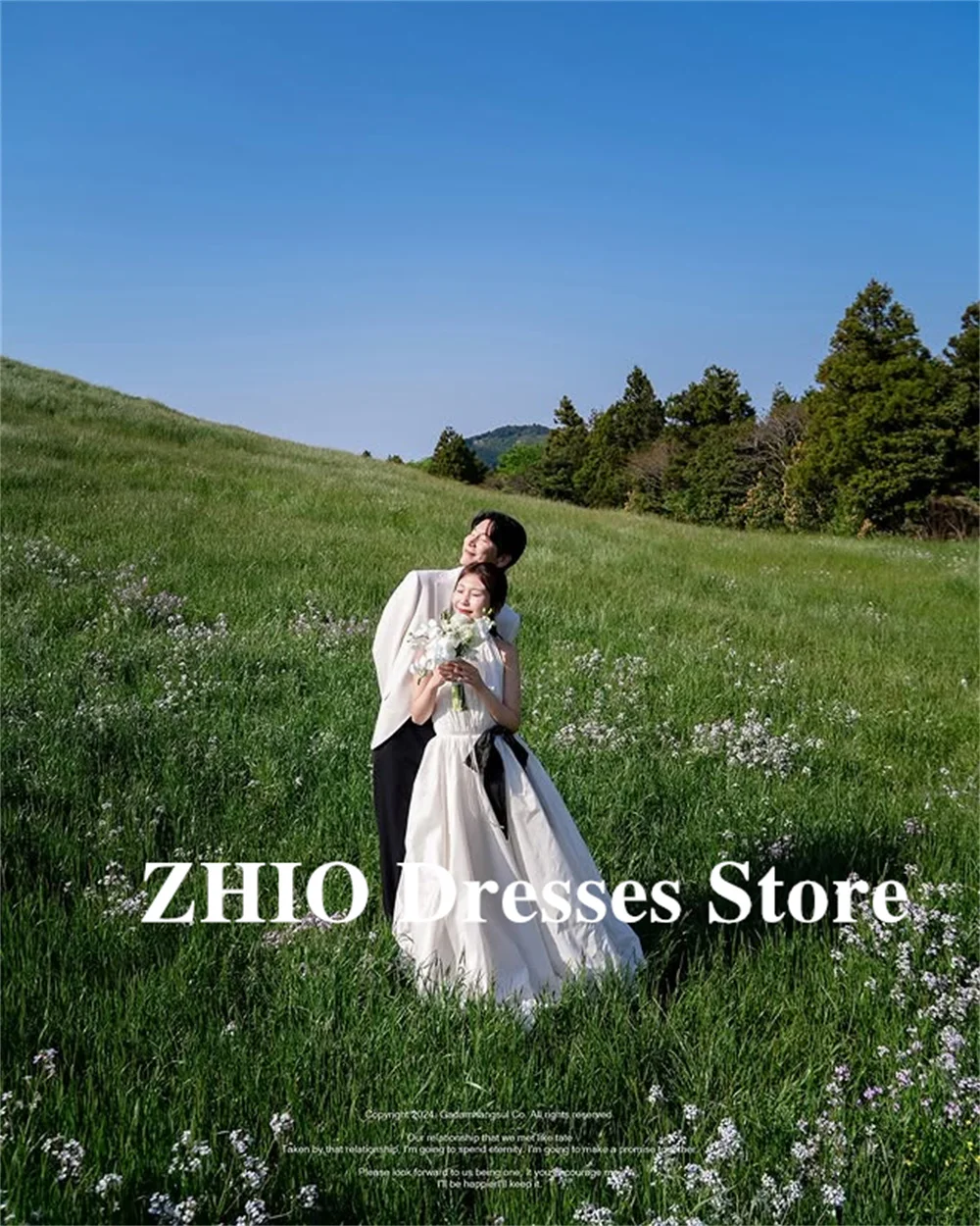 ZHIO Semplice Abito da cerimonia nuziale coreano con fiocco nero e scollo all'americana A-line fino al pavimento in taffettà Servizio fotografico Abito da sposa personalizzato Dende