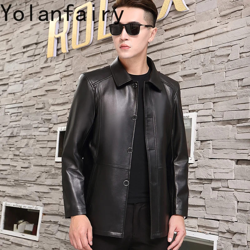 YOLANFAIRY جديد جلد الغنم الحقيقي رجل سترات من الجلد جلد طبيعي خندق معطف منتصف طول ربيع الخريف البني الرجال سترة جلدية #4