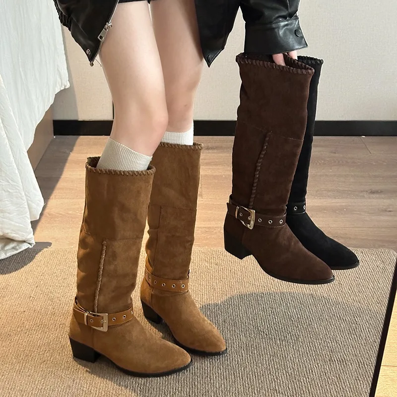 Retro Style Pleated Mid Heel Women Western Cowboy Boots 2026 Fashion Pointed Toe Buckle Decor Casual Women's Mid Calf Boots