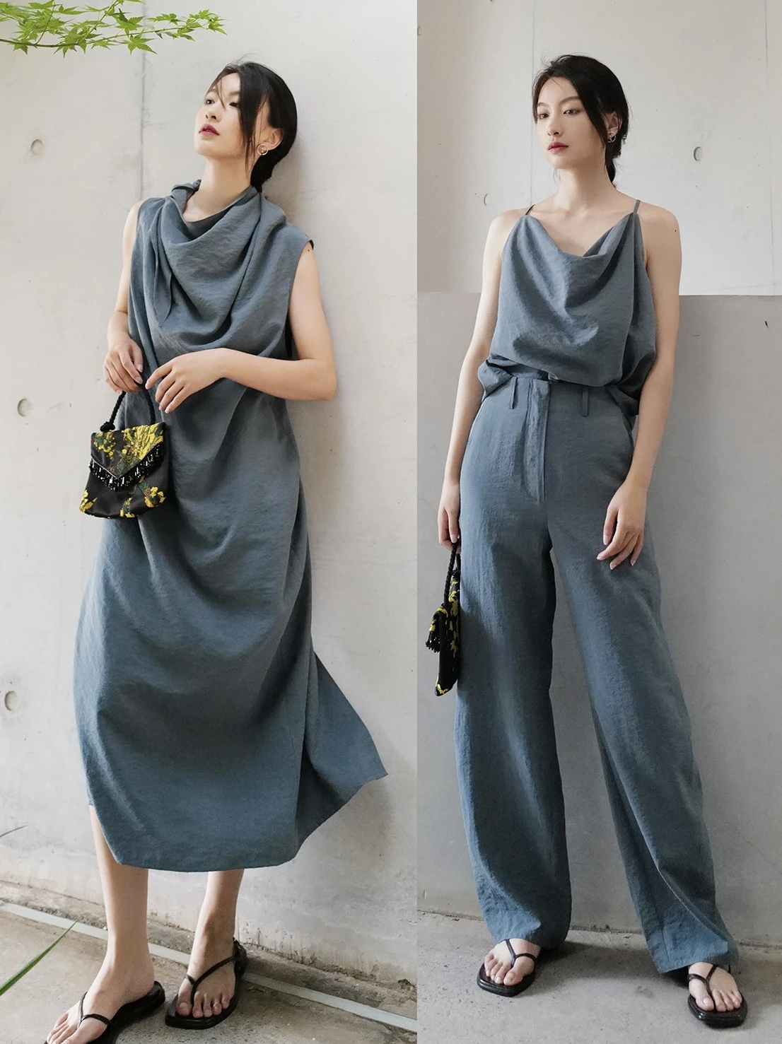 

Satin Du Blue Dry Silk High Waist Tea Break Skirt with Belted Tank Top A-Line Summer Dr for Women in Their Late Twenties