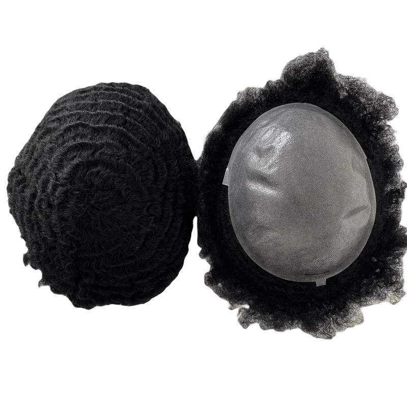 Sostituzione dei capelli umani vergini indiani #1 Jet Black 8mm Wave Full Knots PU Toupee 8x10 Skin Unit per uomini neri