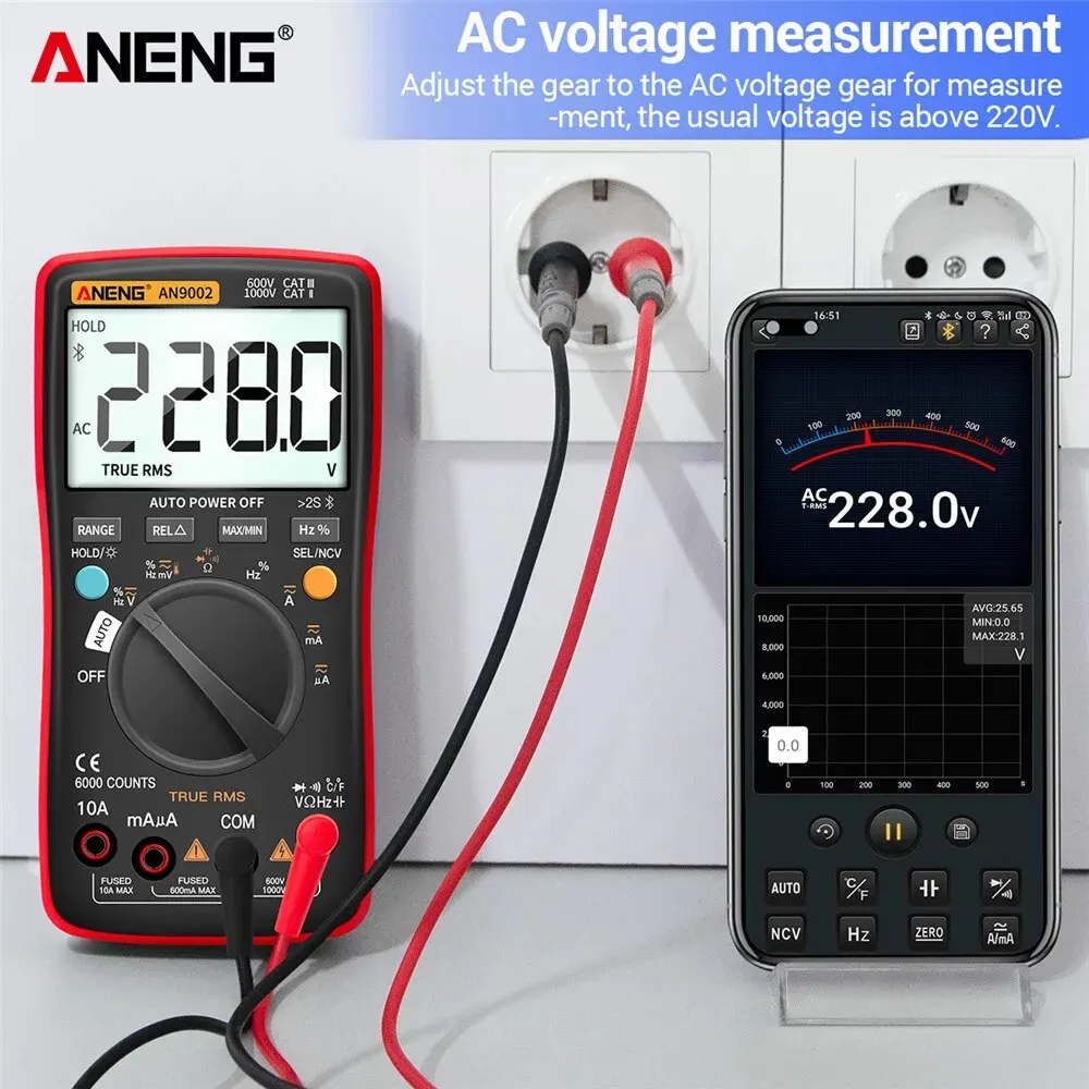 Bluetooth ANENG-AN9002デジタルマルチメータ,6000カウント,真のrms,ac,dc,電流電圧テスター,自動範囲,プロフェッショナル